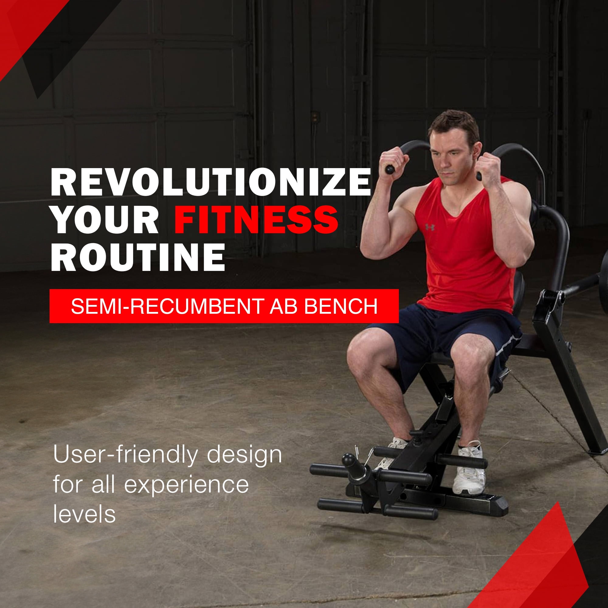 Body Solid GAB300 Semi Recumbent Ab Bench w/ Steel Frame for Abs & Obliques, Black