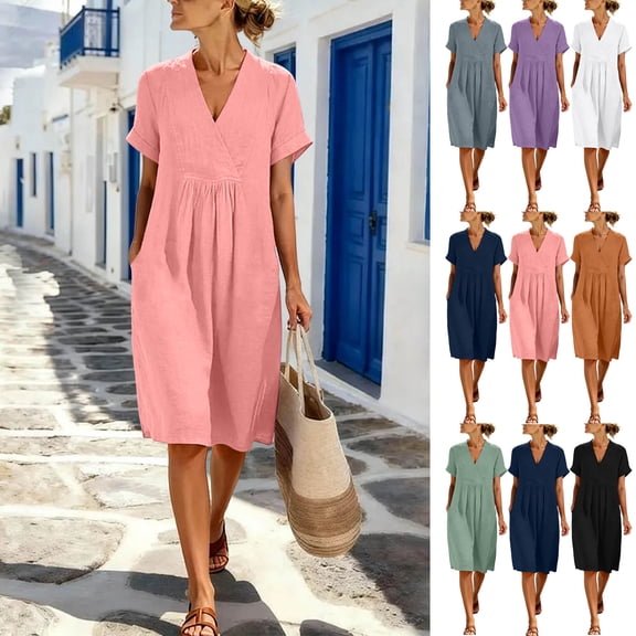 VBVC Women's V-Neck Pleated Midi Dress,Short Sleeve Casual Wrap Front Tunic Dress For Women,Ladies Loose Fit Summer Dress with Pockets,Purple,S-3XL