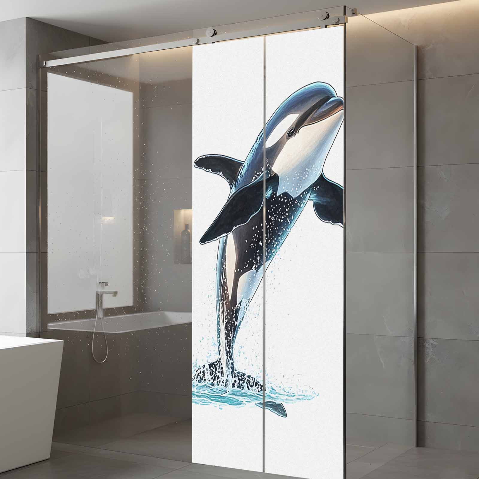 Cute Killer Whale Window Privacy Film, Orca Animal Ocean Retro Artwork Static Cling UV Sun Blocking Heat Control Window Tint Day and Night, Non-Adhesive One Way Windows Privacy Cover 23.6''x59''