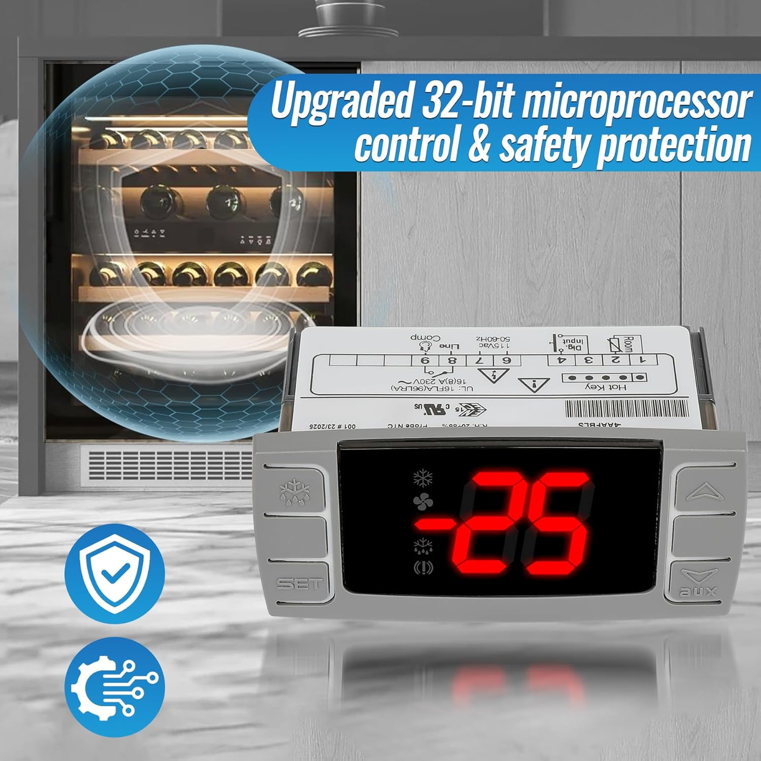 DIZENDAMAI 32-bit Digital Temperature Controller XR02CX-4AAFBL For Commercial Fridges, 110-125V Programmable Thermostat With Red Display