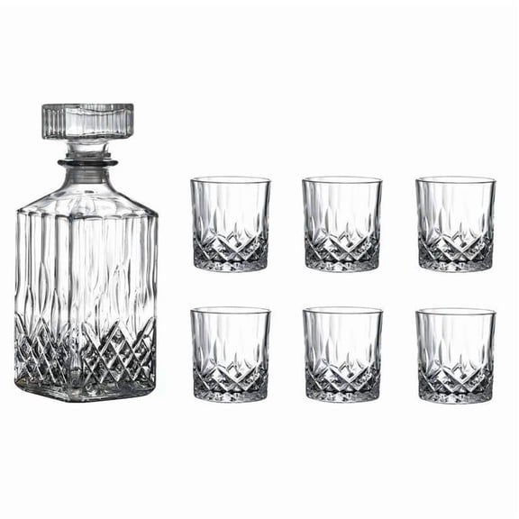 DFS 7 Pcs Crafted Crystal Glasses Whiskey 750ml Decanter & 250ml Glasses Set, Non-Lead Glass Decanter Set for Dad Husband - Bottom Flower Bottle
