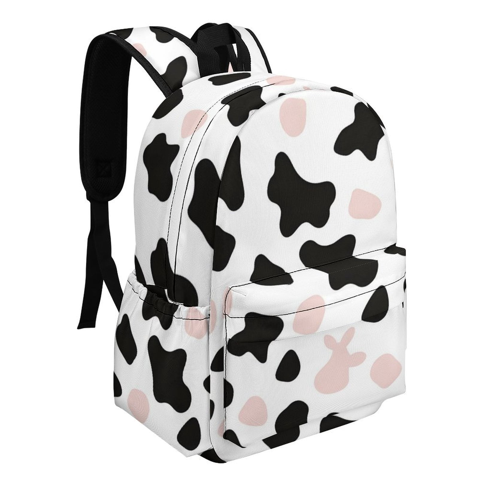 Large Capacity Half Print Backpack 11.8×16.5×5.9in Multifunctional Zipper Design Convenient Switch Simple Cow Print Pattern White Background, Pink And White_3