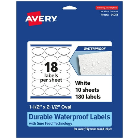 UPC: 0194793907193 | Avery Durable Waterproof Oval Labels with Sure Feed  1.5  x 2.5   180 Oil and Tear-Resistant Waterproof Labels  Laser/Pigment-Based Inkjet Printable Labels