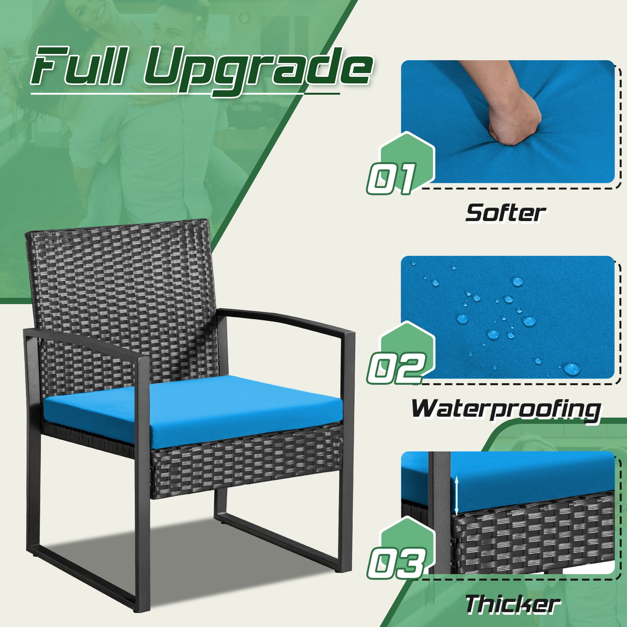 Homall 3-Piece Casual Bistro Set with Wicker Chairs and Coffee Table for Patio Furniture, Black/Blue