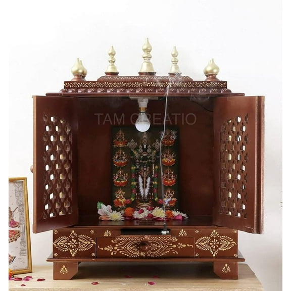 TAM Creatio Wooden Pooja Mandir Indian Hindu Decoration Puja Cabinet Temple Bhagwan Stand Mandapam Wall Hanging Decor for Home in USA (24x12x30 Inches), Brown