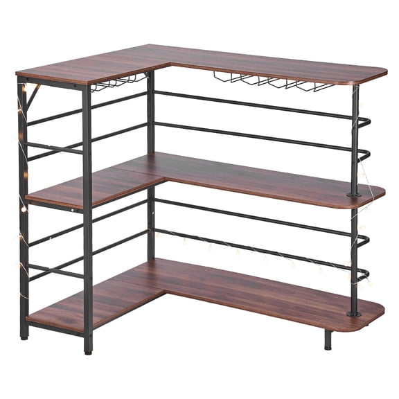 KFFKFF L-Shaped Home Bar Unit with 3-Tier Storage Shelves, Adjustable Foot Pads, LED Lighting, Walnut Finish & Metal Frame for Kitchen, Living Room, Pub, or Basement
