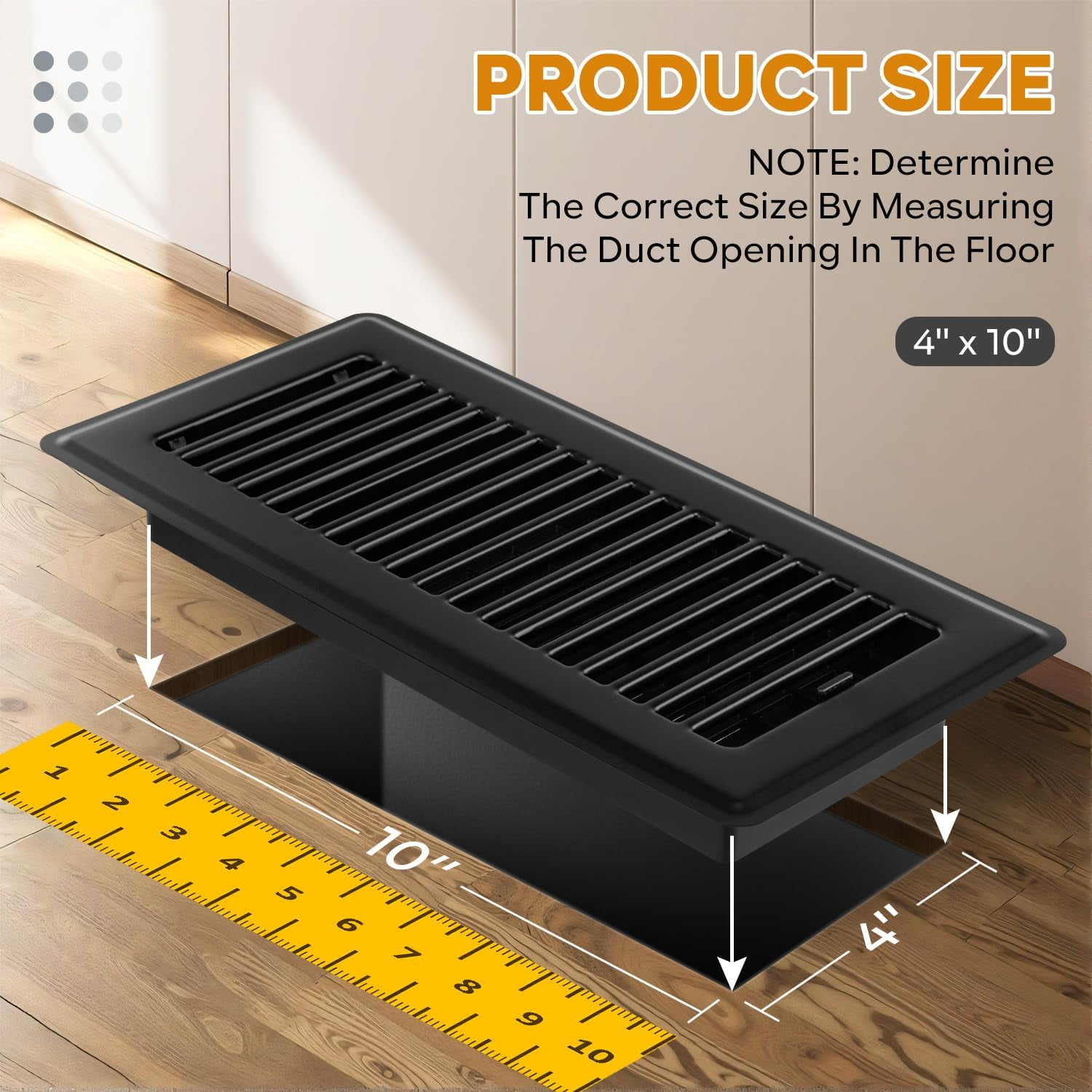 2 Pack Floor Register 4x10, Floor Vent Covers for Home Floor, Sidewall, Heavy Duty Steel Walkable Floor Grates, Adjustable Air Vent Covers Rust Proof Finish, 4" x 10'' Floor Vent, Black