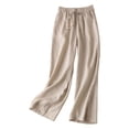thumbnail image 1 of Pantalones anchos de algodón y lino para mujer: cintura alta elástica, corte holgado y ajustado, pantalones rectos informales para primavera/otoño, 1 of 6