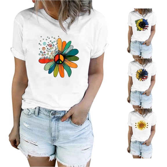 HCYSFG Womens Assorted Sunflower Graphic T Shirts Crewneck Short Sleeve Peace And Patriotic Designs Casual Tees Relaxed Fit Classic Everyday Summer Tops