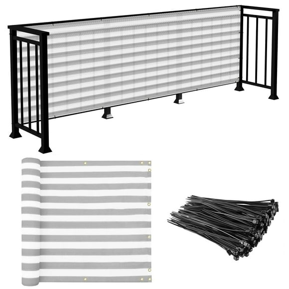 E&K Sunrise 3' x 41' Balcony Privacy Fence Screen Cover with Zip Ties Outdoor Screen Fence UV Protection for Deck Patio Backyard Apartment Pool Porch (Gray White Strip)