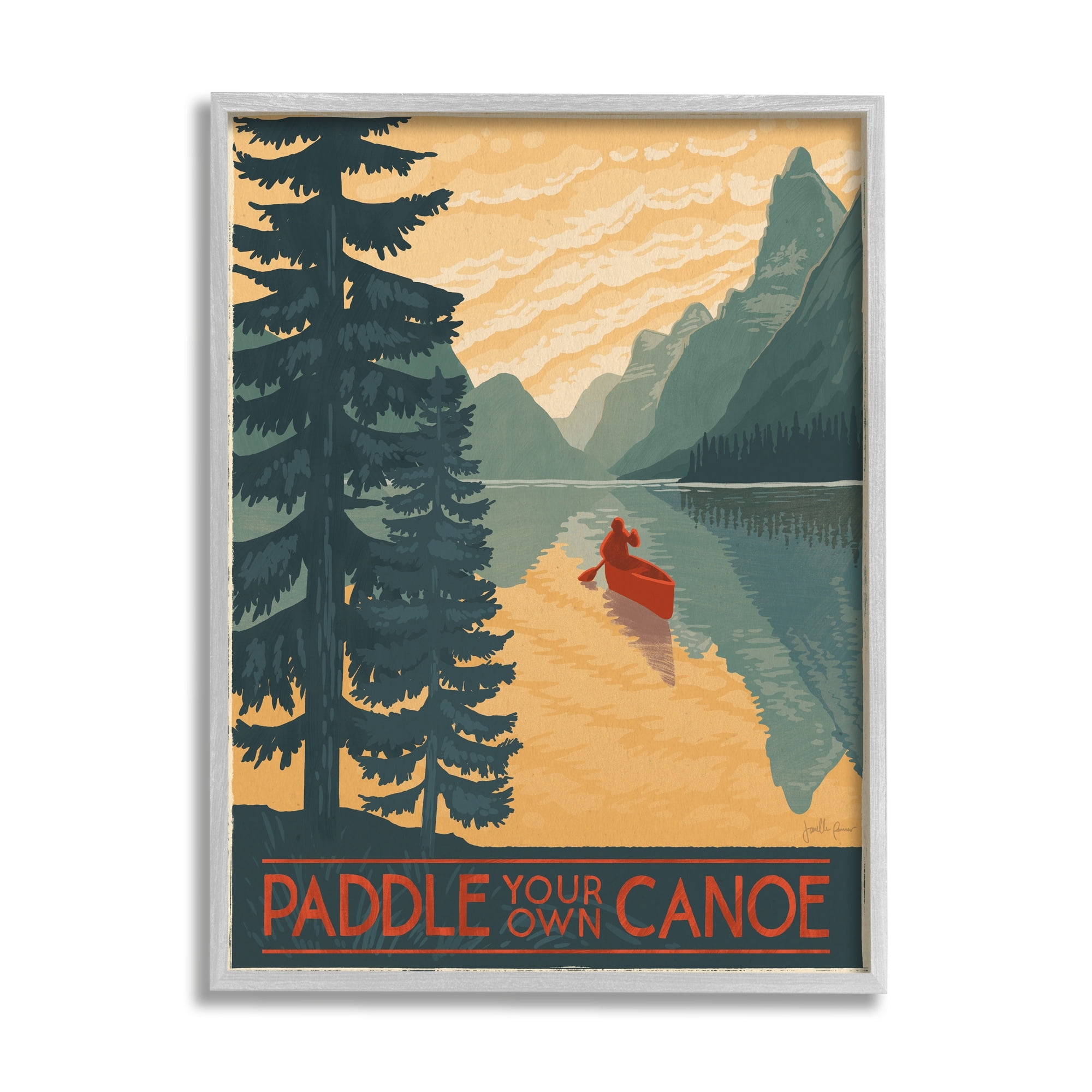 Paddle Your Own Canoe Phrase Mountain Lake Adventure Gray Framed Giclee Art, 24 x 30