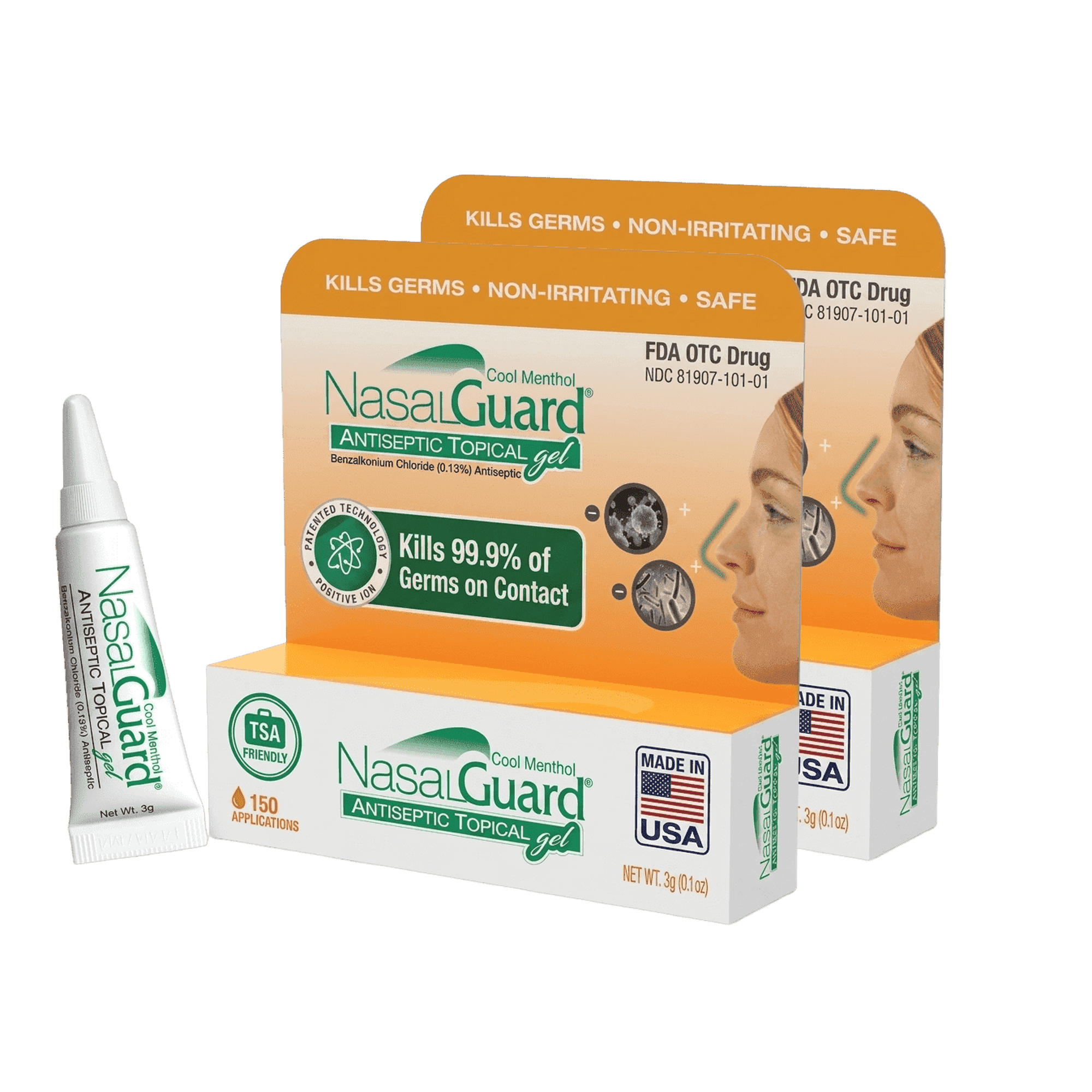 NasalGuard Nasal Antiseptic Gel | Helps Kill 99.9% of Germs on Contact | Alcohol-Free, Moisturizing, Daily Use | 150+ Applications (Cool Menthol, 3g, Pack of 2)