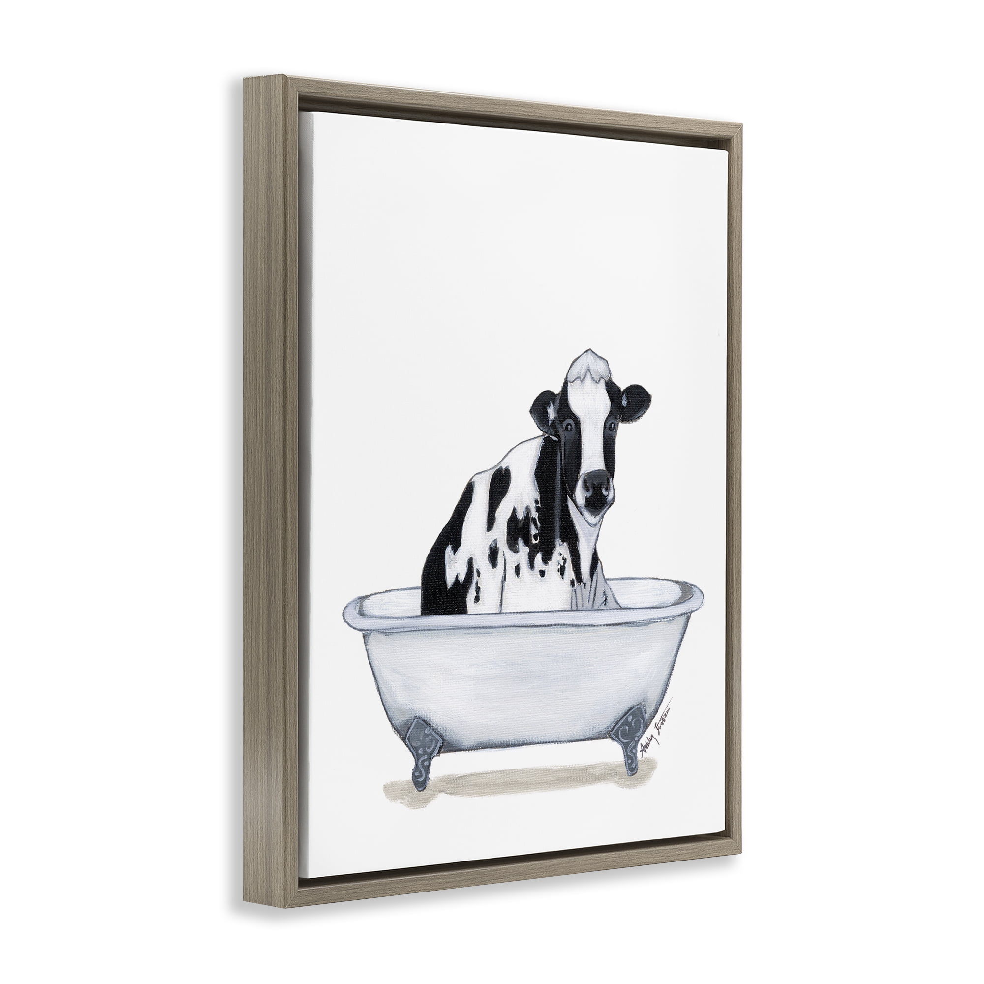 Stupell Industries Cow in Tub Sketch Bath & Laundry Painting Brown Floater Framed Canvas Art Print Wall Art, 25 x 31