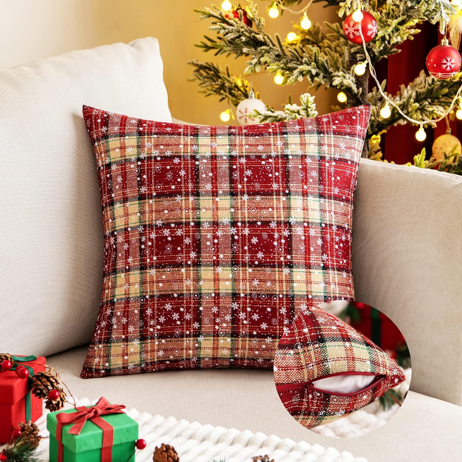 2PCS Christmas Plaid Decorative Throw Pillow Covers Snowflake for Sofa Farmhouse Decor,20x20 Inch
