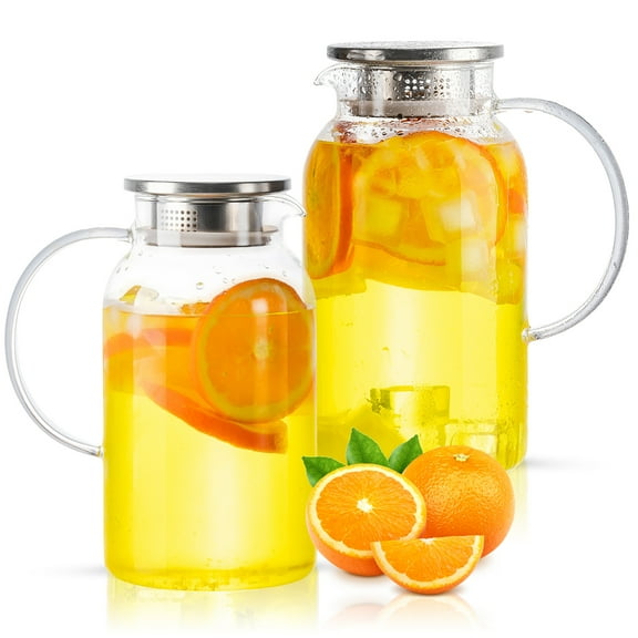 Round Glass Pitcher with Lid & Spout, 2 Pack 1.8L 60 Oz – Water Pitcher with Handle for Fridge, Brosilicate Glass Carafe Hot & Cold Drink, Large Jug for Icead Tea Coffe Juice