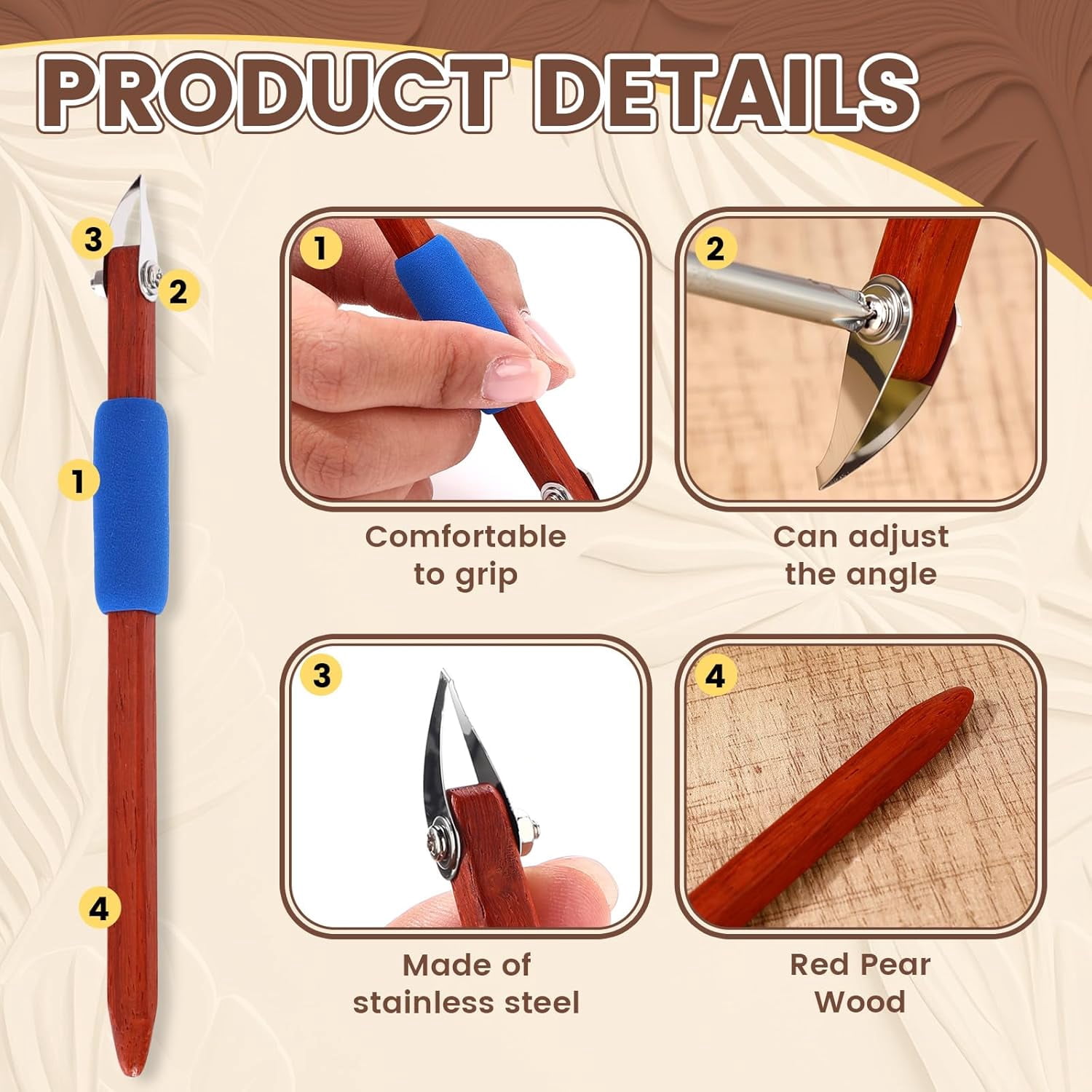 ABCISI Pottery Carving Tools Set Include 5 Stainless Steel Blades & Red Pear Wood Handle, Sculpture Scraper Craft Modelling Tools for Clay, Ceramic Sculpting, Graffito, Relief Art (V-tip)