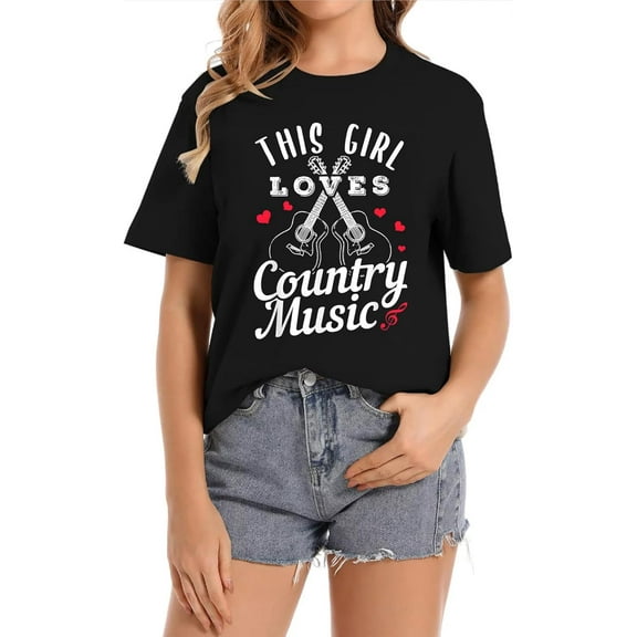 This Girl Loves Country Music Women's Crew Neck Casual Short Sleeve Vintage Summer Graphic T-shirt