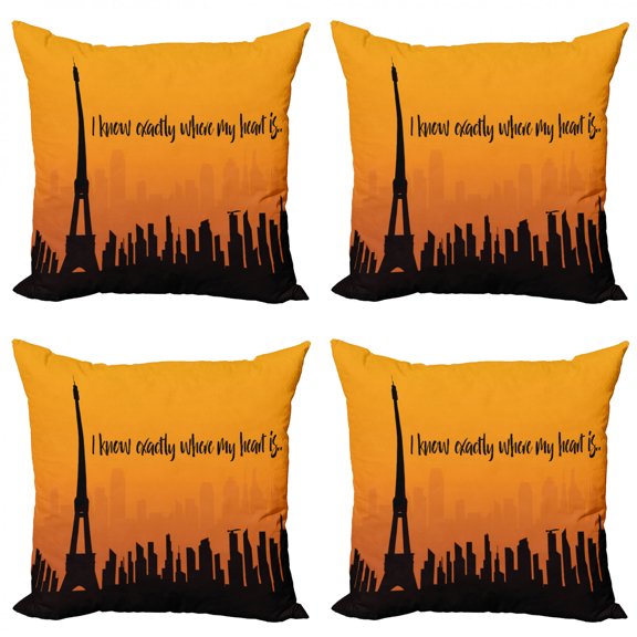 Eiffel Tower Throw Pillow Cushion Case Pack of 4, I Know Exactly Where My Heart is Wording City Skyline, Modern Accent Double-Sided Print, 4 Sizes, Charcoal Grey Orange, by Ambesonne
