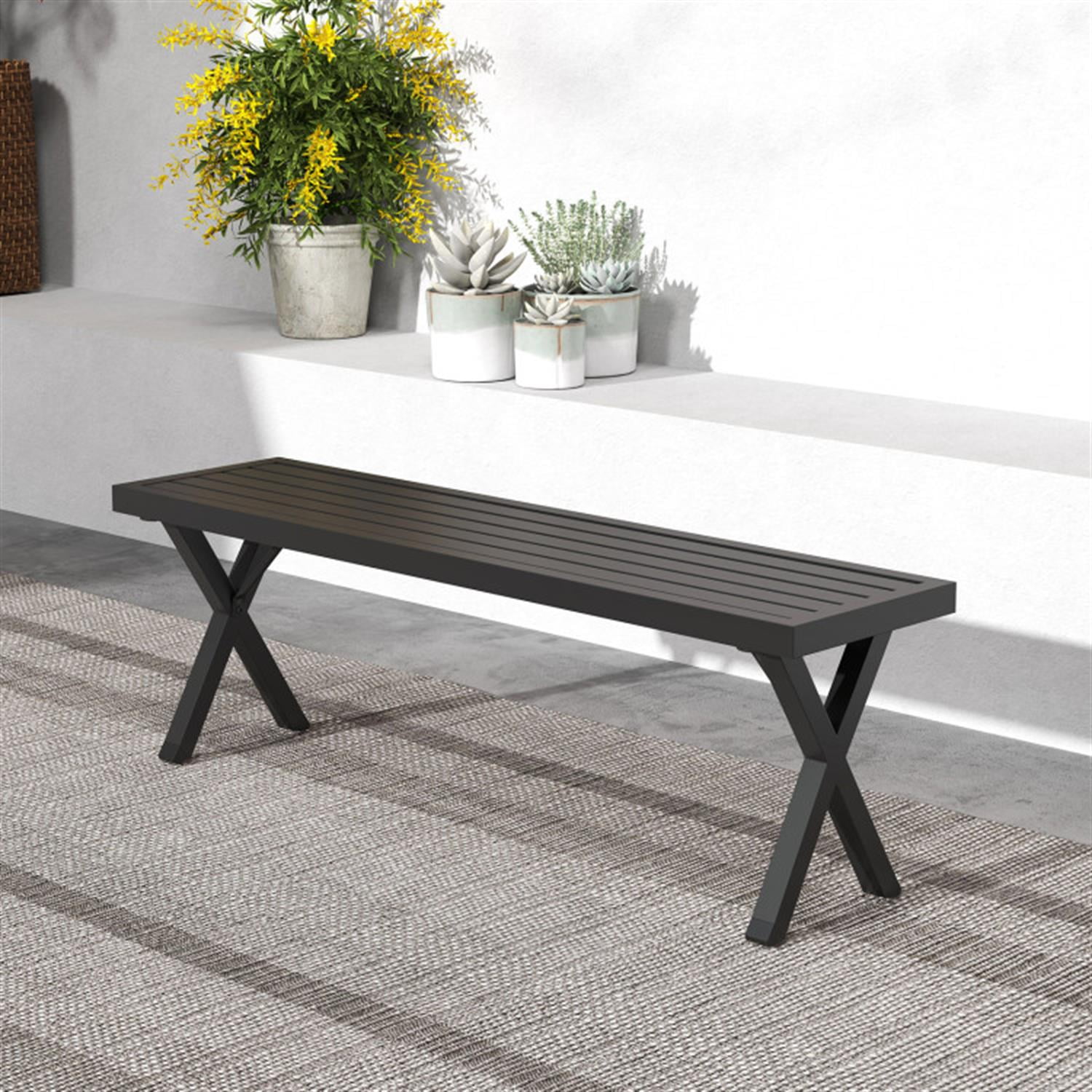 Demi Bonn Patio Metal Bench with Slatted Seat and X Legs, Outdoor Benches Accent Furniture for Yard, Garden, Black