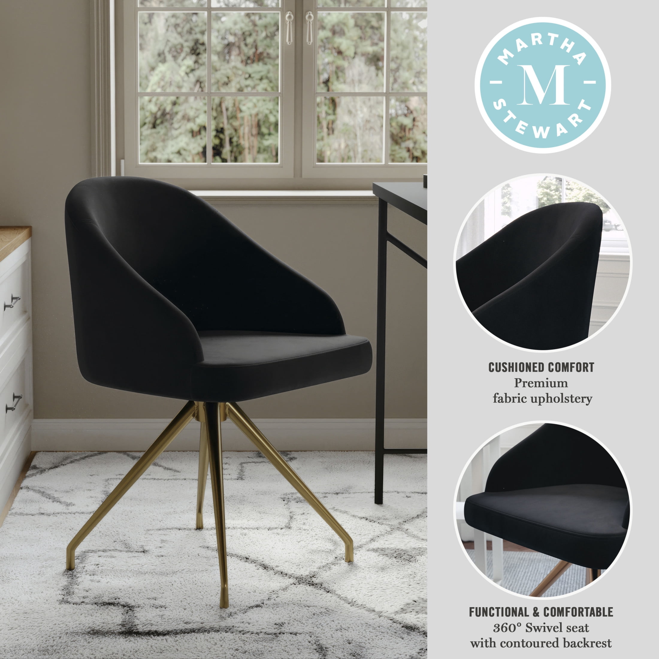 Martha Stewart Sora Upholstered Stationary Office Chair in Black/Polished Brass