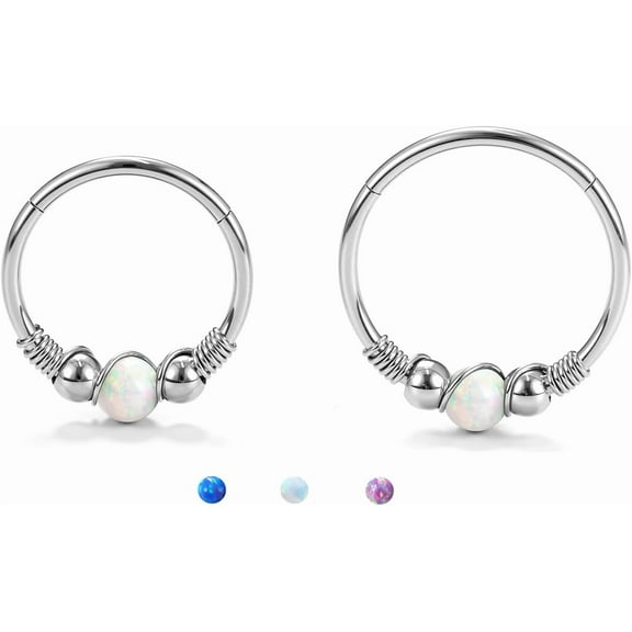 2Pcs Silver Opal Nose Rings for Women - 316L Surgical Steel Nose Hoops Piercing 18G Septum Rings Jewelry Cartilage Conch Daith Helix Tragus Earrings 8mm 10mm Sytle3
