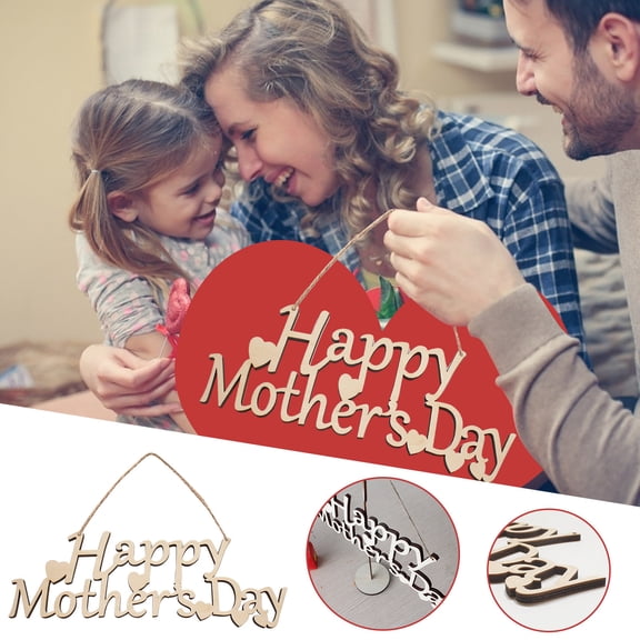 Mother's Day Gifts for Mom Wooden Hanging Plaque Laser Cut Lettering Small Heart Shapes Decor for Holiday Party Wall Decoration