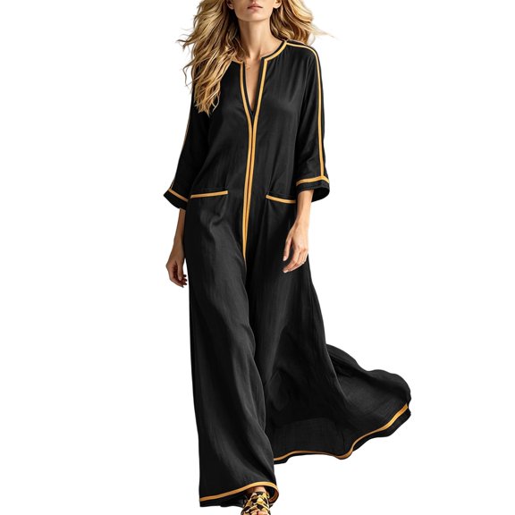 Ovbmpzd Vaction Casual Summer Dresses for Women Plus Size Black Maxi Shift Dress Casual Loose 3/4 Sleeve Dresses,L