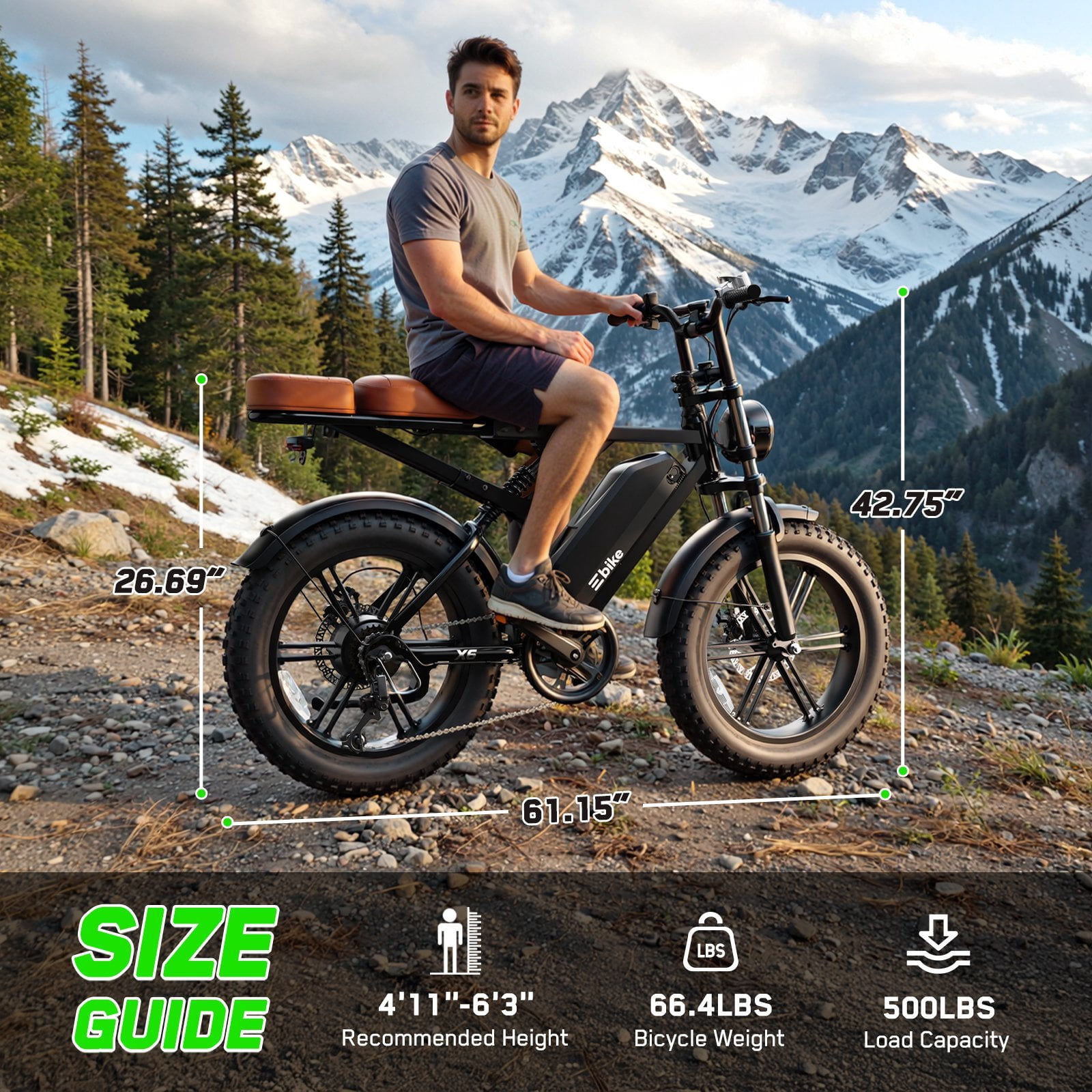 TST Electric Bike for Adults, 48V/15AH Battery, 750W Peak 1500W Motor, Max 28MPH, 20"x4" Fat Tire, E Mountain Bike, UL2849