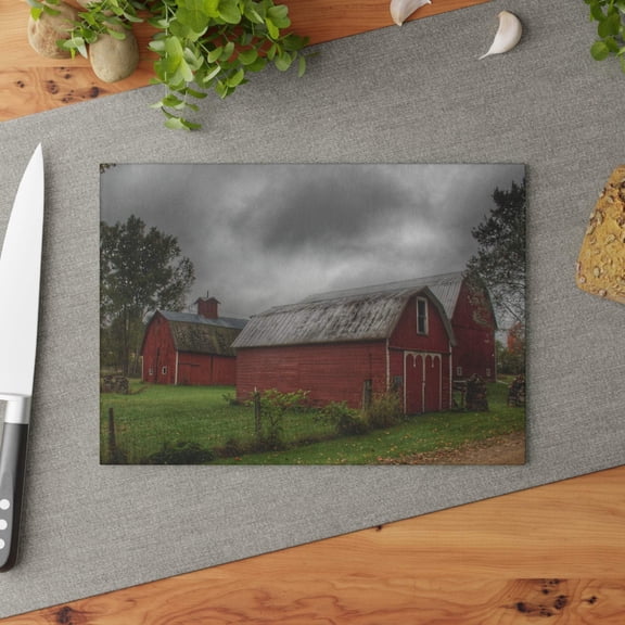 U R There Photography Cramton Road Reds II Rustic Farmhouse Tempered-Glass Cutting Board 8"x 11"
