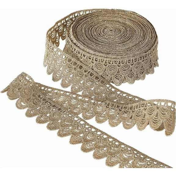 10 Yards Gold Lace Trim Floral Polyester Ribbon 33mm Wide Metallic Venice Lace Trim