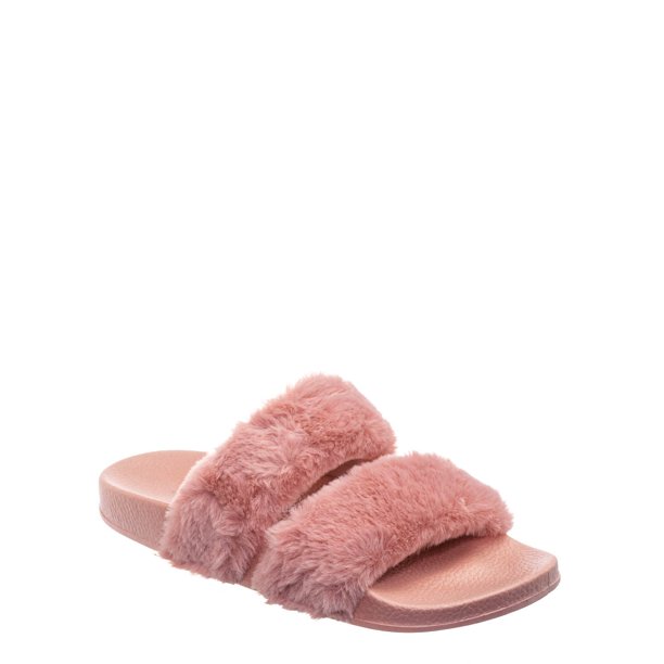 Faux Fur Footbed Slides - Cozy Double Strap Furry Contour Slide In ...