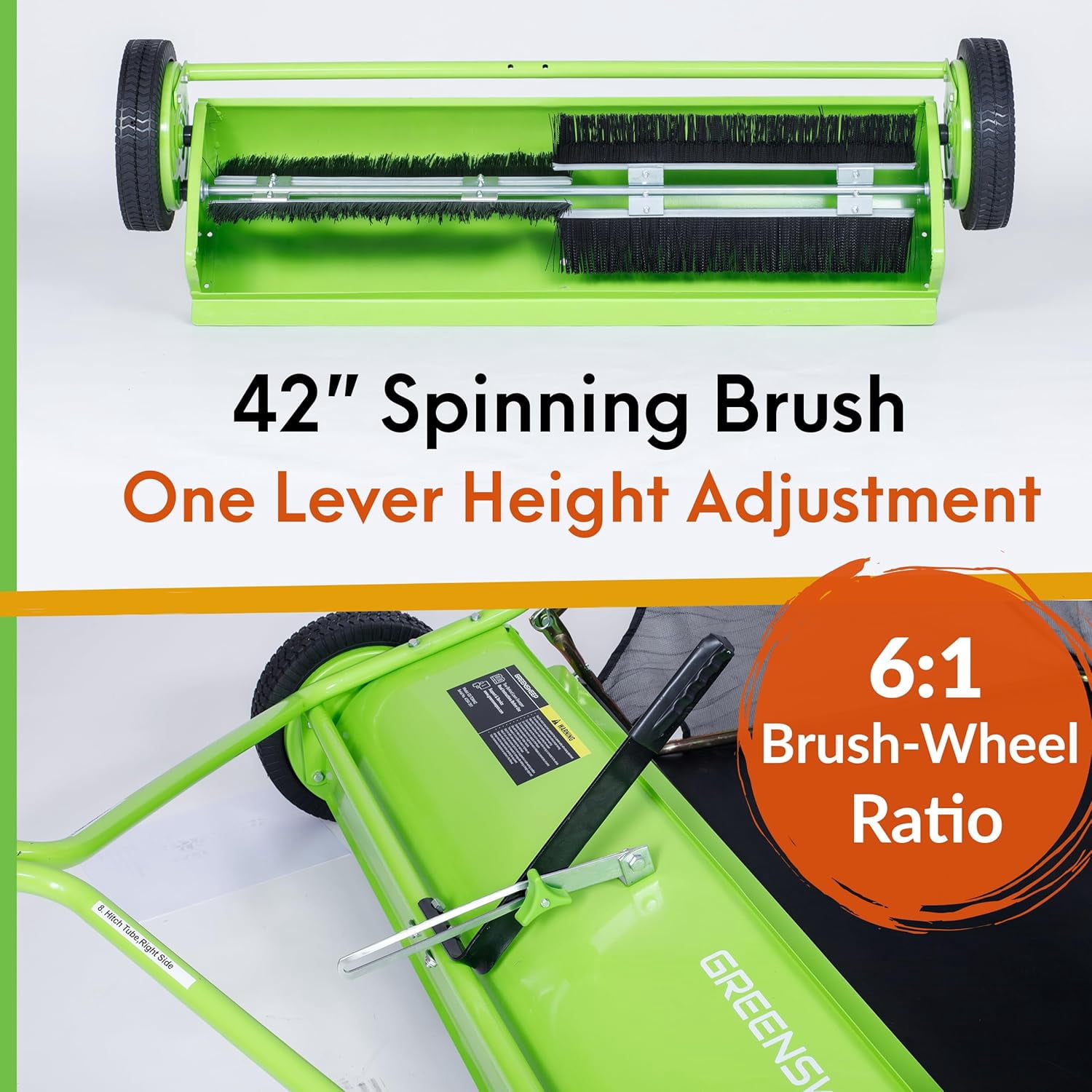 GreenSweep Pickup Tow 42-Inch 10.5 Cubic Feet Tow-Behind Lawn Sweeper with Adjustable Brush Height, Large Grass Catcher Hopper