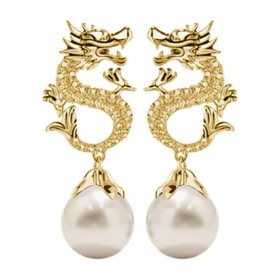 KDSJSXW Gold Earrings Chinese New Year Dragon Earrings for Women Glitter Cubic Zirconia Pearl Dangle Expectation A Sense of Party Gift Jewelry Stud Earrings for Women (White,One Size)