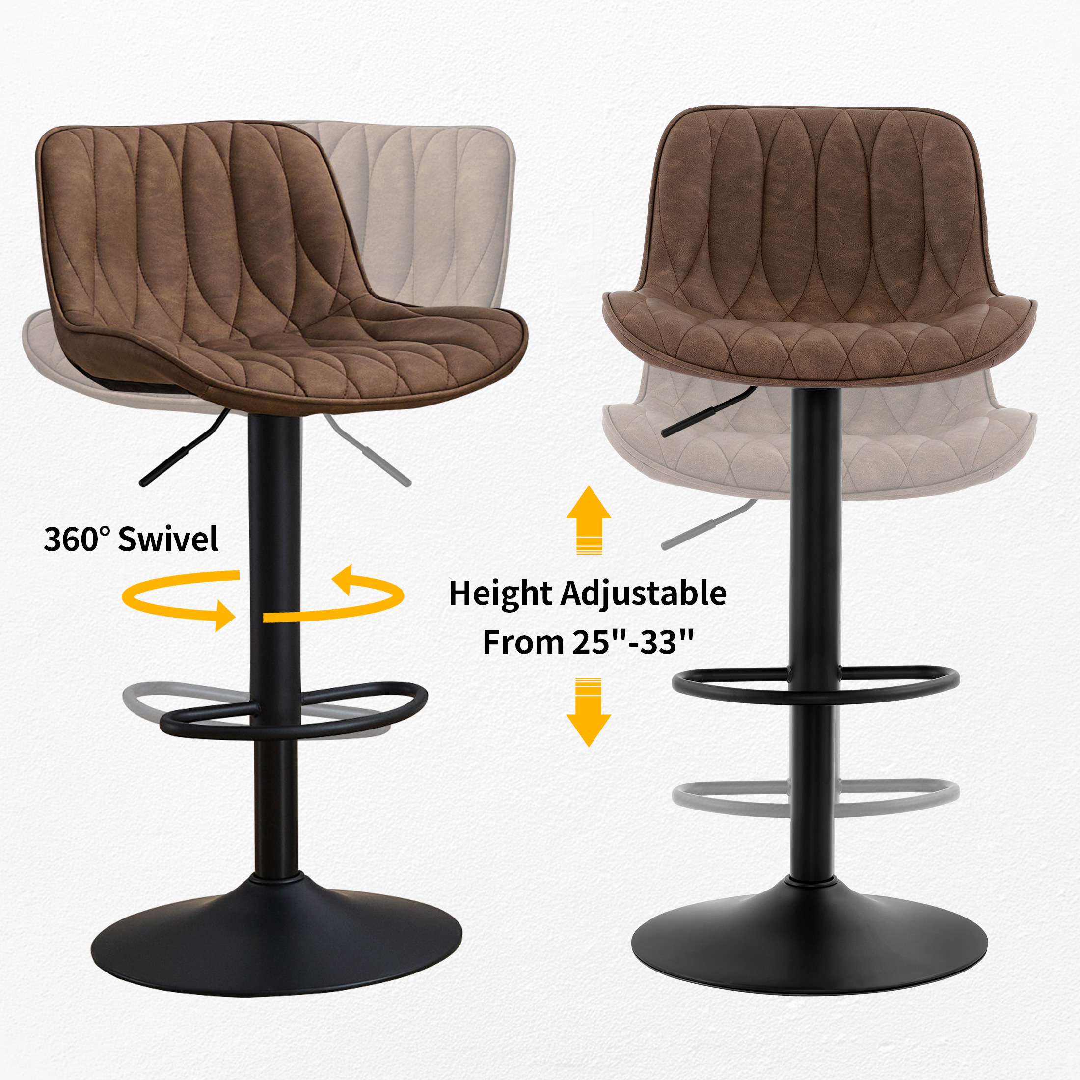 FIRAVOE Swivel Bar Stools Set of 4 (Adjustable Height 25"-33") Counter Height Bar Stools with Back, Modern Faux Leather Barstools for Kitchen Island, Tan