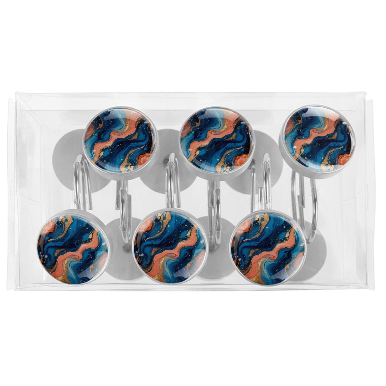 Blue Pink Marble 12 Pack Shower Curtain Hooks, Decorative Shower Rings for Shower Curtain Rods, Stainless Steel, Rust Resistant, Round Curtain Hooks for Bathroom