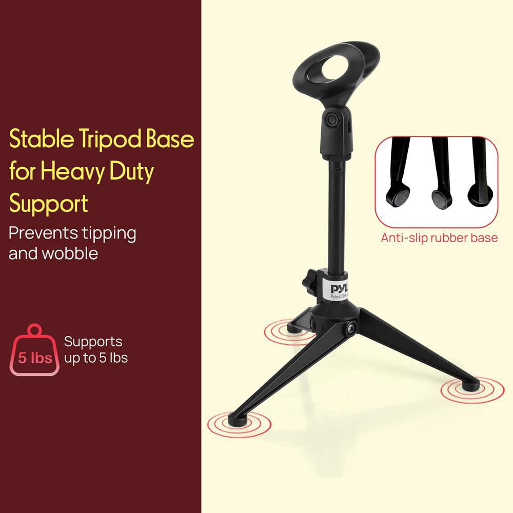 Pyle Desktop Tripod Microphone Stand – Adjustable Height 4.7" to 8.7", Heavy-Duty Clutch, Stable Tripod Base, Supports up to 5 lbs, Ideal for Podcasting, Streaming, Screencasts & Desktop Recording