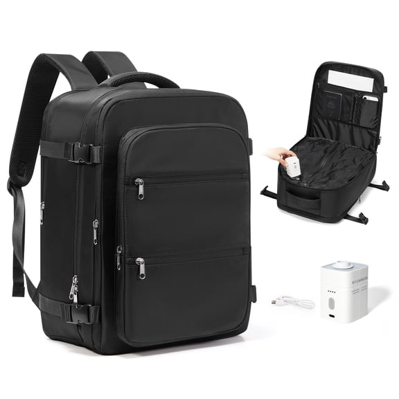 SYCNB Vacuum Seal Backpack with Air Pump, Carry On Travel Backpack Airline Approved Backpacks for Women Men, Large Water Resistant Personal Item Bag for Trip Business Daily, Black