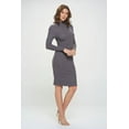 thumbnail image 3 of Gray Dark Large Size Women's Long Sleeve Midi Cocktail Bodycon Dress, Stretchy Ribbed Knit, High Neck, 3 of 6