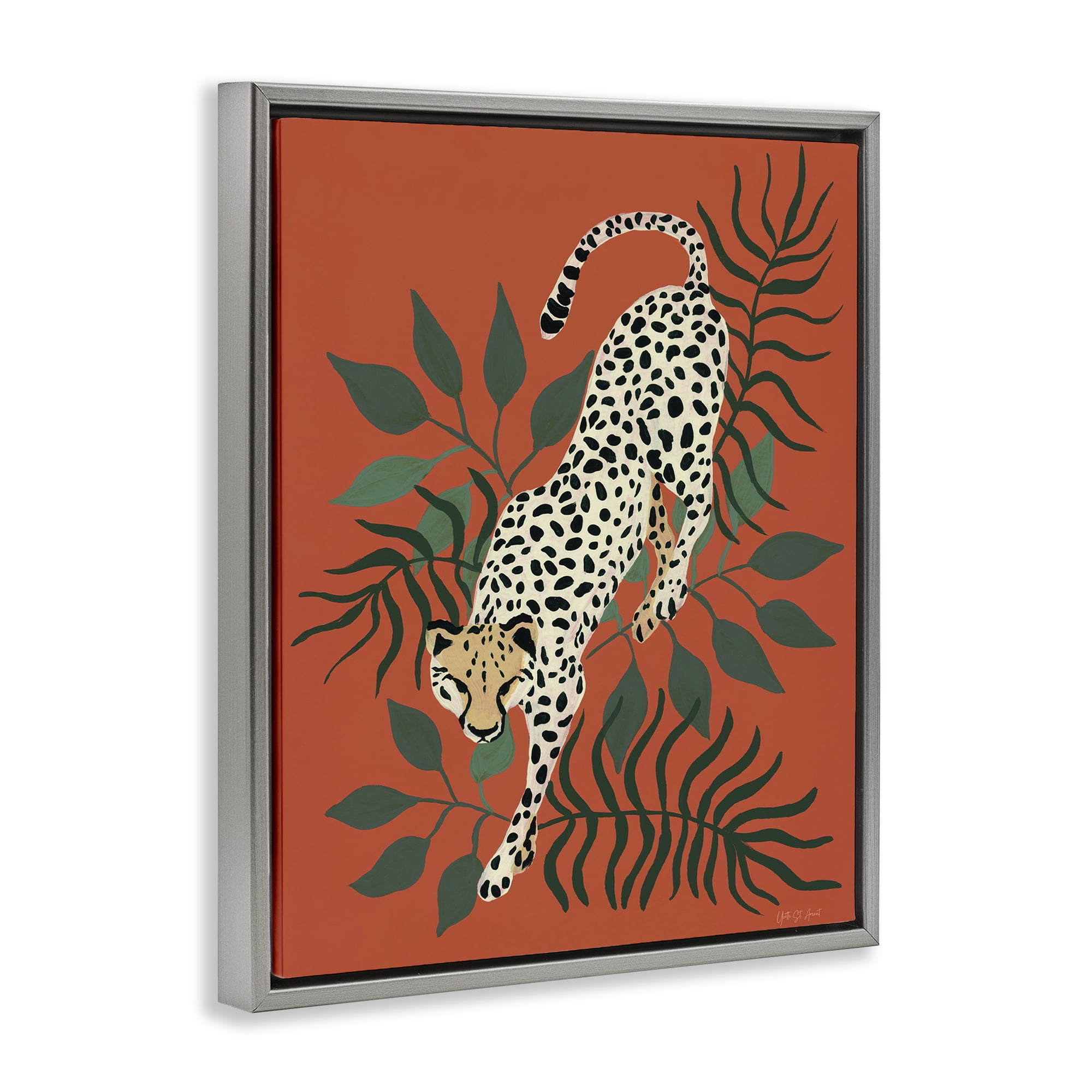 Stupell Industries Stepping Cheetah & Leaves Animals & Insects Painting Gray Floater Framed Canvas Art Print Wall Art, 17 x 21