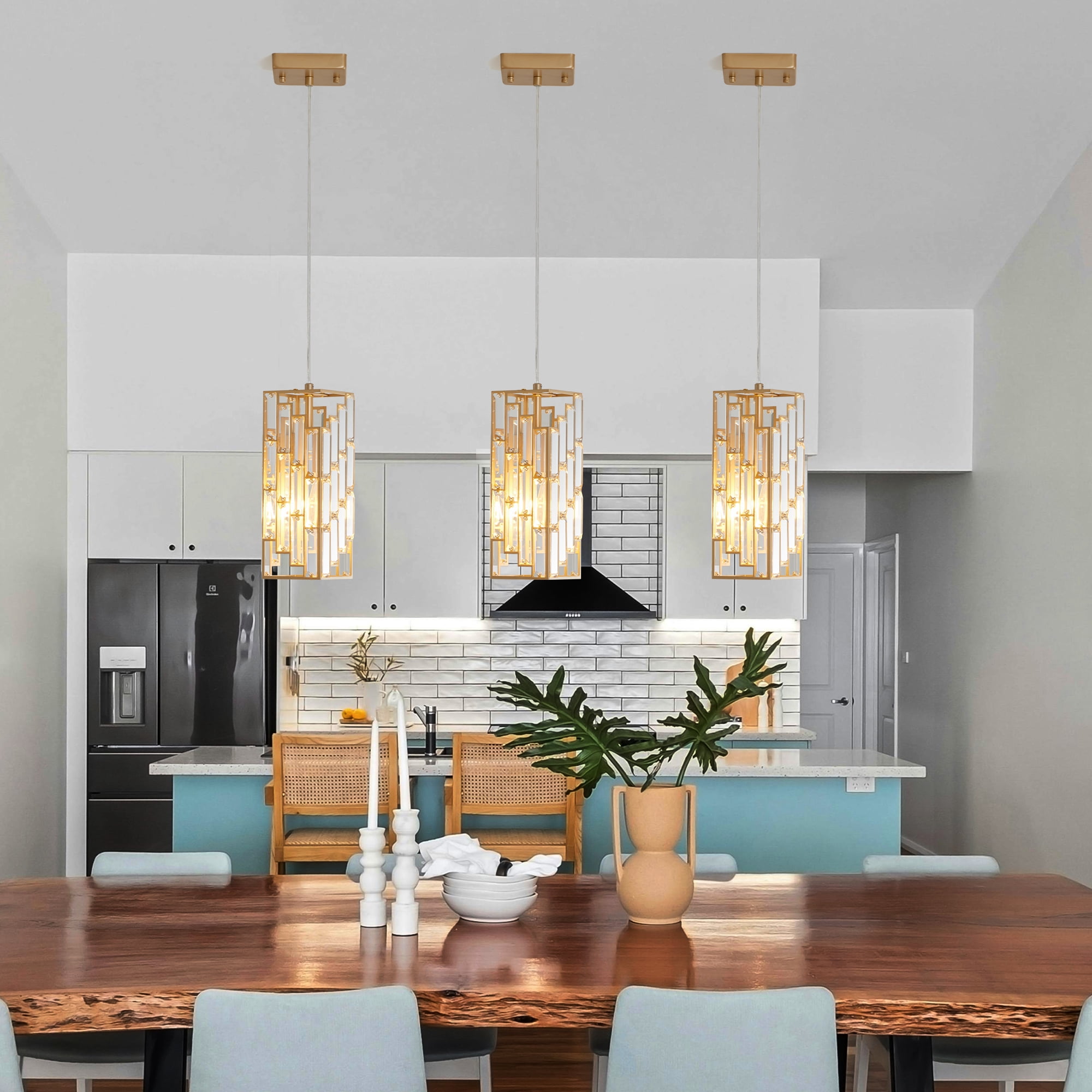 Miniyam Modern Crystal Pendant Light, 3-Pack Adjustable Hanging Ceiling Lamp for Dining Room, Gold