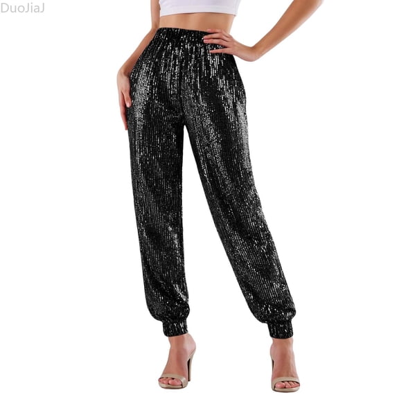 DuoJiaJ Women Casual Sparkle Sequin Glitter Bling Yoga Pants Slim Leg Leggings Black L