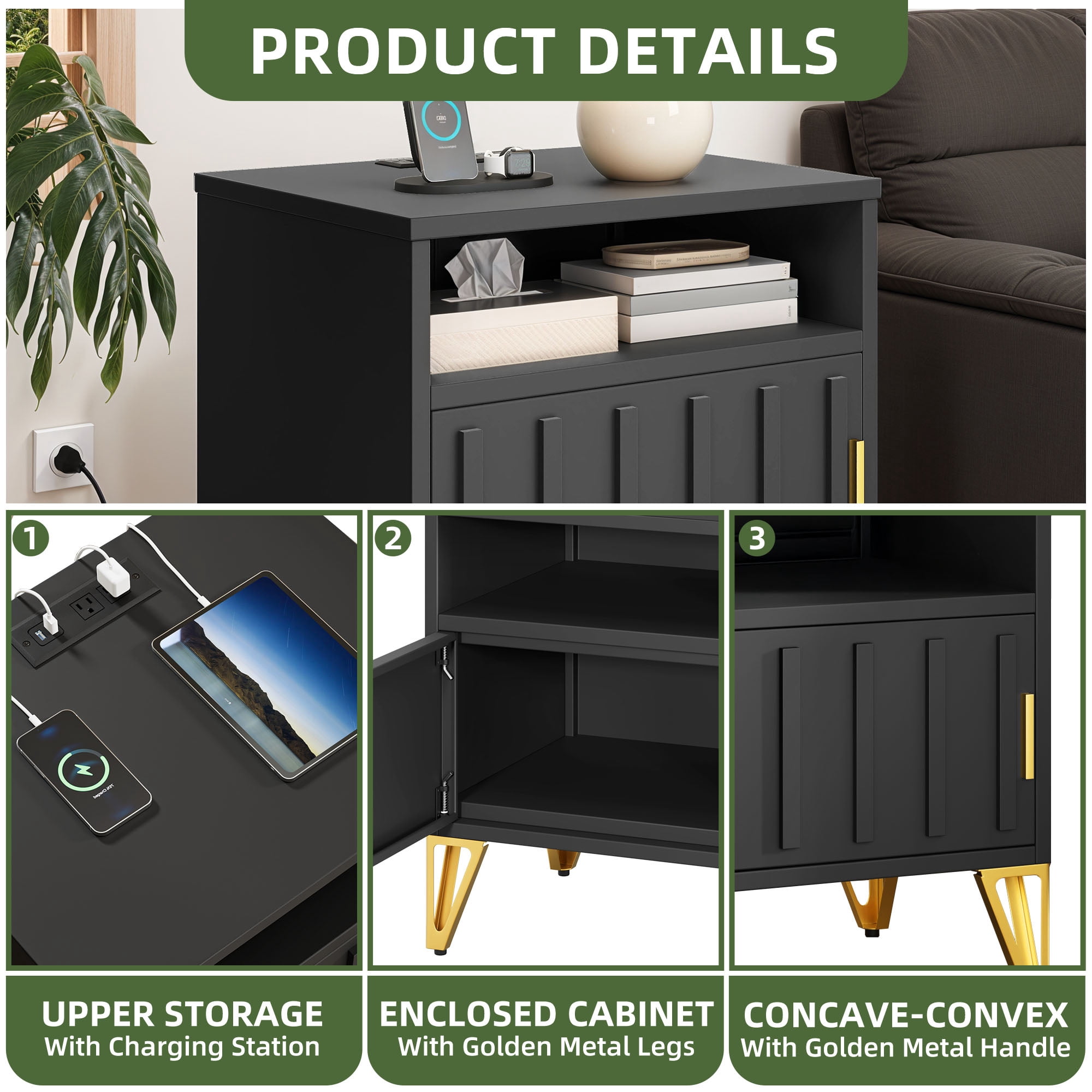 Uforic Metal End Table with Charging Station & Door for Living Room, Black