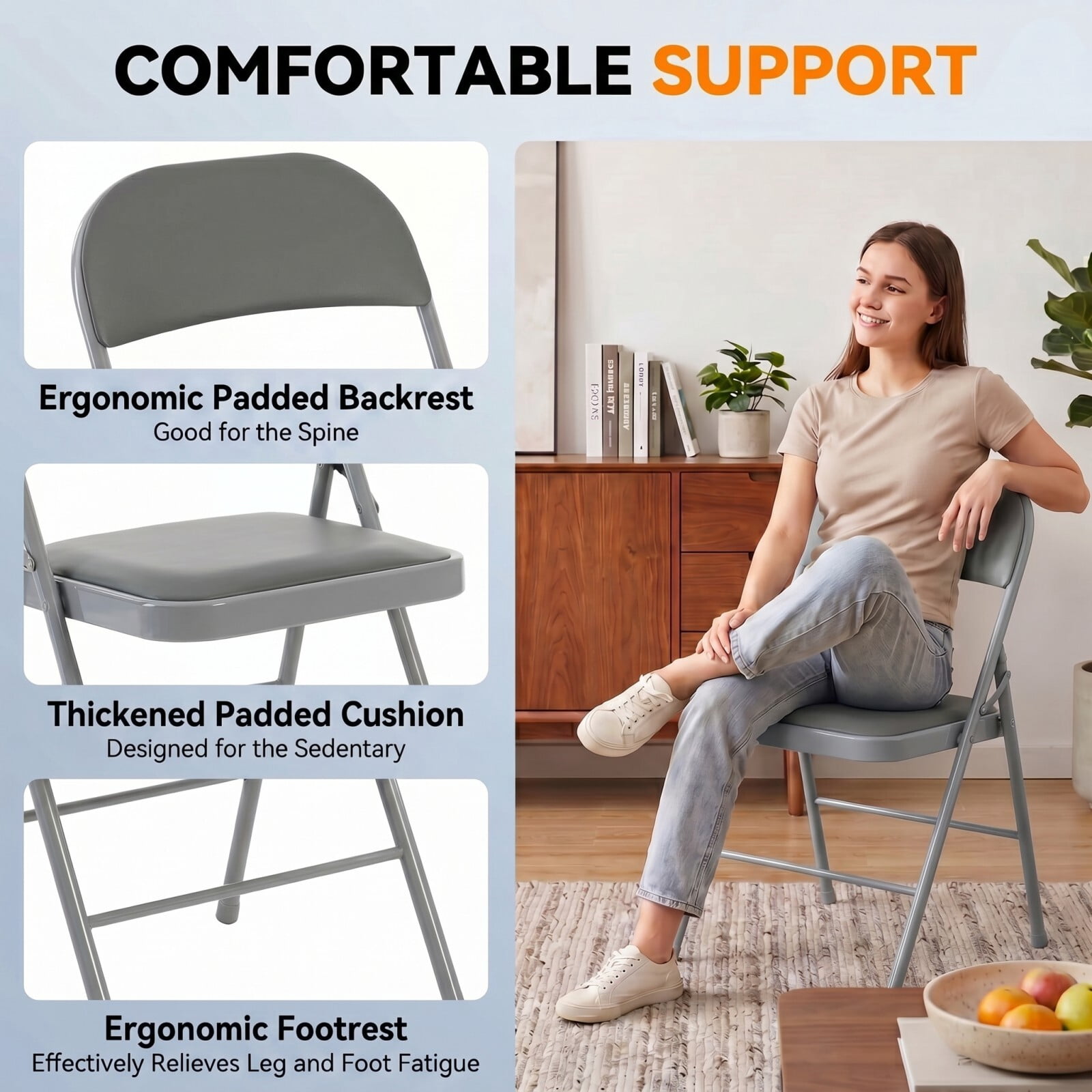 Kelno Folding Chair Set of 4 PU Leather Padded Guest Chairs with Lightweight Sturdy Metal Frame, Gray