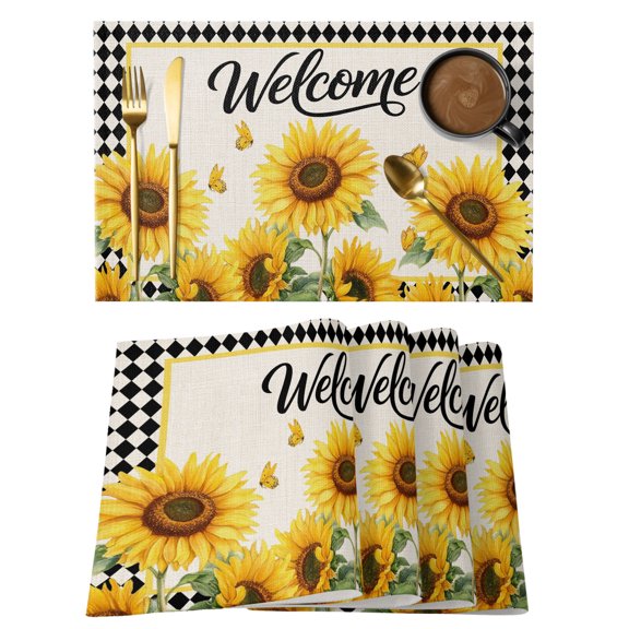 Yellow Sunflowers Butterflies Placemats Set of 12, Rustic Farmhouse Black White Gingham Border Non-Slip Place Mats Washable Table Mats for Kitchen Dining Table Decorations Indoor/Outdoor