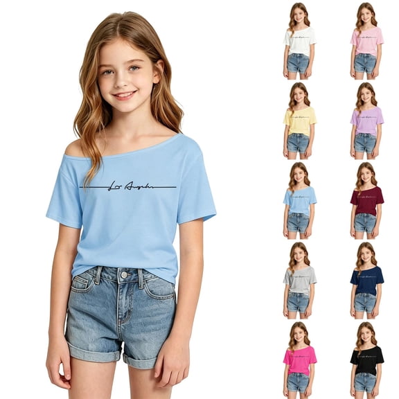 LRen Girls Off The Shoulder Tops Kids,Girls Short Sleeve Casual Loose T Shirt Preppy Cute Y2k Summer Off The Shoulder Graphic Tee for Girls