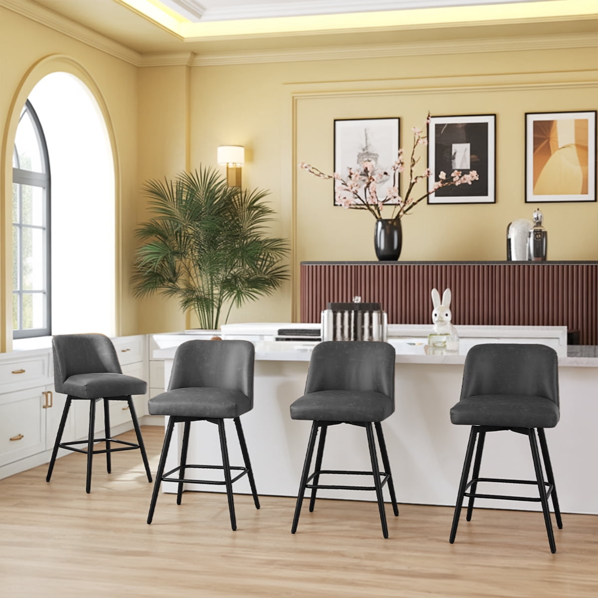 Modern Bar Stools Set of 4, 26" H Swivel Counter Height Barstools with High Backs, Kitchen Island Stools, For Bar & Home,Faux Leather, Grey