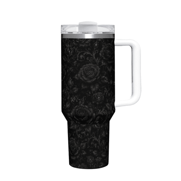 Hakunofo 40 oz Black Rose Floral Tumbler with Handle Straw Lid, Stainless Steel Insulated Travel Coffee Cup, Large Water Cup Gift for Women Men, Birthday Holiday, Home Office Car Travel, Daily Drinkw