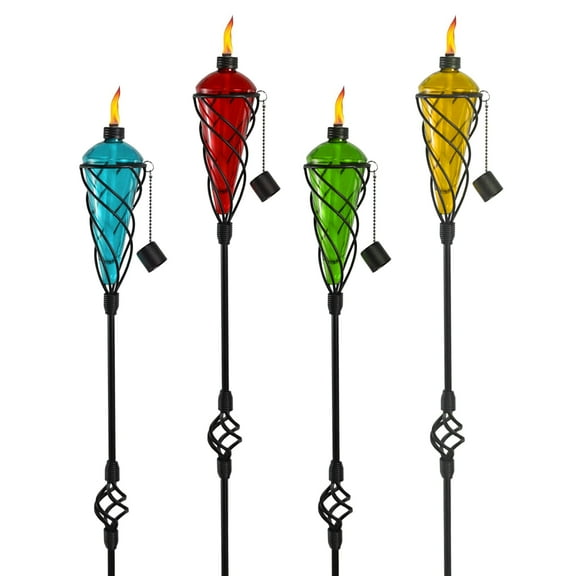 4 Pack 60 Inch Glass Torch Set with Metal Stand, Citronella Burning Outdoor Lights for Pathway Poolside Garden Party Decor, Multicolor
