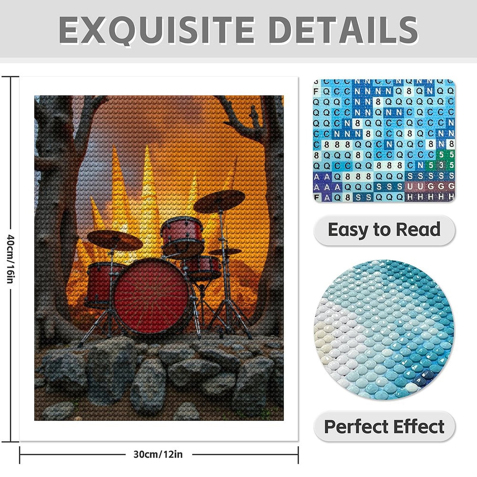 Diamond Art Kit for Adults, Drum Set Sunset Trees Rocks Diamond Painting for Adults Beginners, DIY Diamond Art Painting Kits, 5D Diamond Painting Crafts for Home Decor 12x16 Frameless