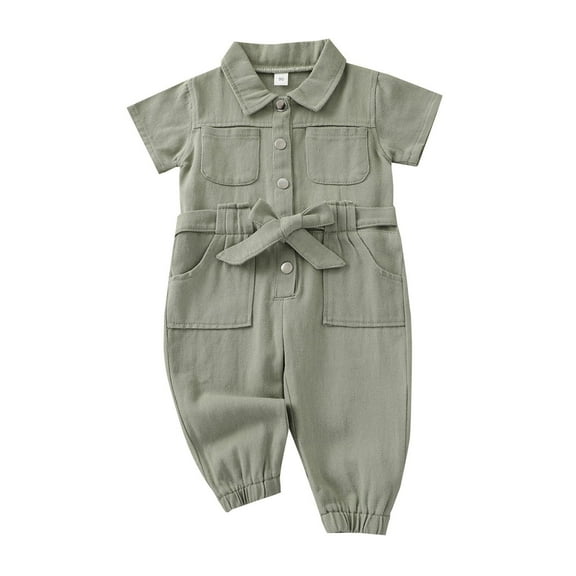 FAOWME Big Child Girls Romper With Pocket Short Sleeve Turndown Collar Solid Color Buttons Comfortable Soft Jumpsuits Bodysuits For Daily Wear Army Green 18-24 Months